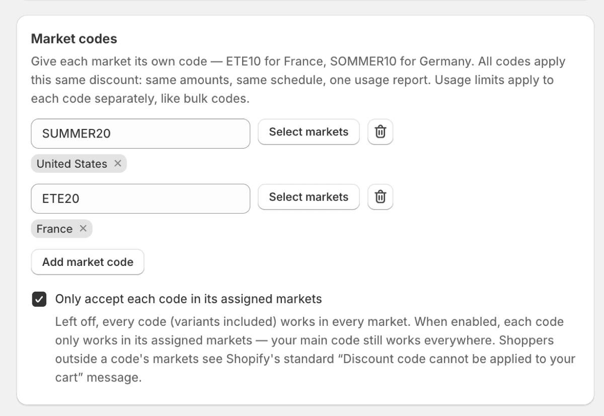 The Pixoo market codes settings, with a code assigned per market and enforcement enabled