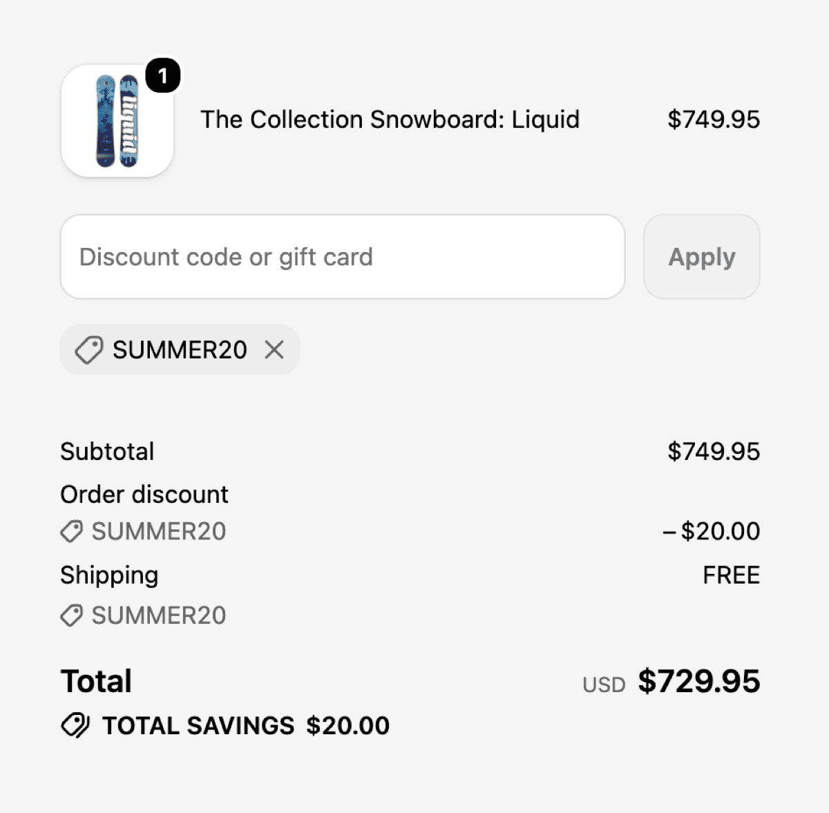 A Shopify checkout where one code has applied both the product discount and free shipping