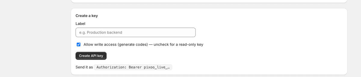 Creating an API key, with a label and a checkbox controlling whether the key may generate codes