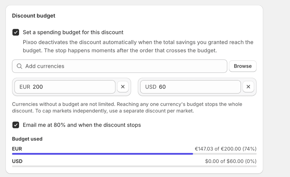 The discount budget card in Pixoo, with a per-currency cap and a live consumption gauge