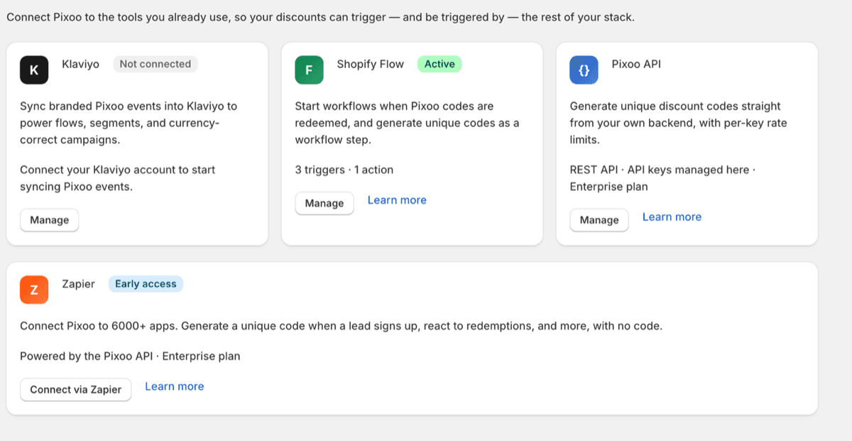 The Pixoo Integrations page, with cards for Klaviyo, Shopify Flow, the Pixoo API and Zapier