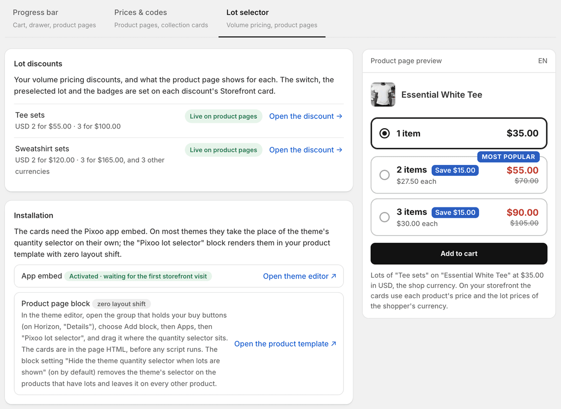 The Lot selector tab in Pixoo: the Lot discounts list with two discounts marked Live on product pages, the Installation section with the app embed status and the product page block, and a product page preview with three lot cards