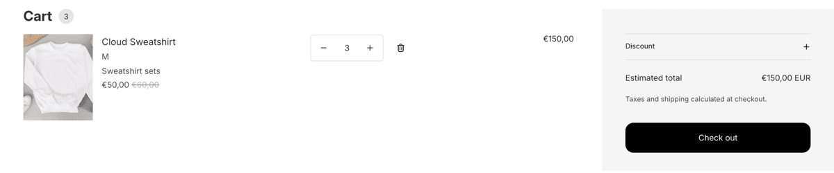 A Shopify cart with three Cloud Sweatshirts at €50,00 each instead of €60,00, the discount name Sweatshirt sets, and an estimated total of €150,00 EUR