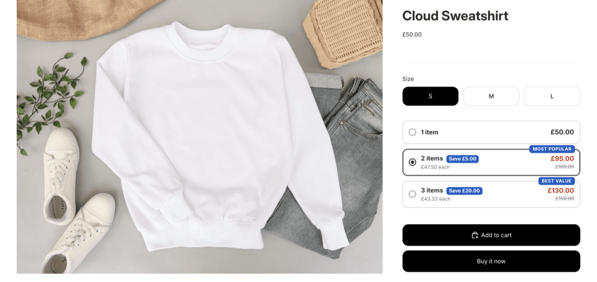 A product page on the Horizon theme in GBP: the size picker, then three lot cards, 1 item at £50.00, 2 items at £95.00 with a Most popular badge and Save £5.00, 3 items at £130.00 with a Best value badge and Save £20.00, above the Add to cart button