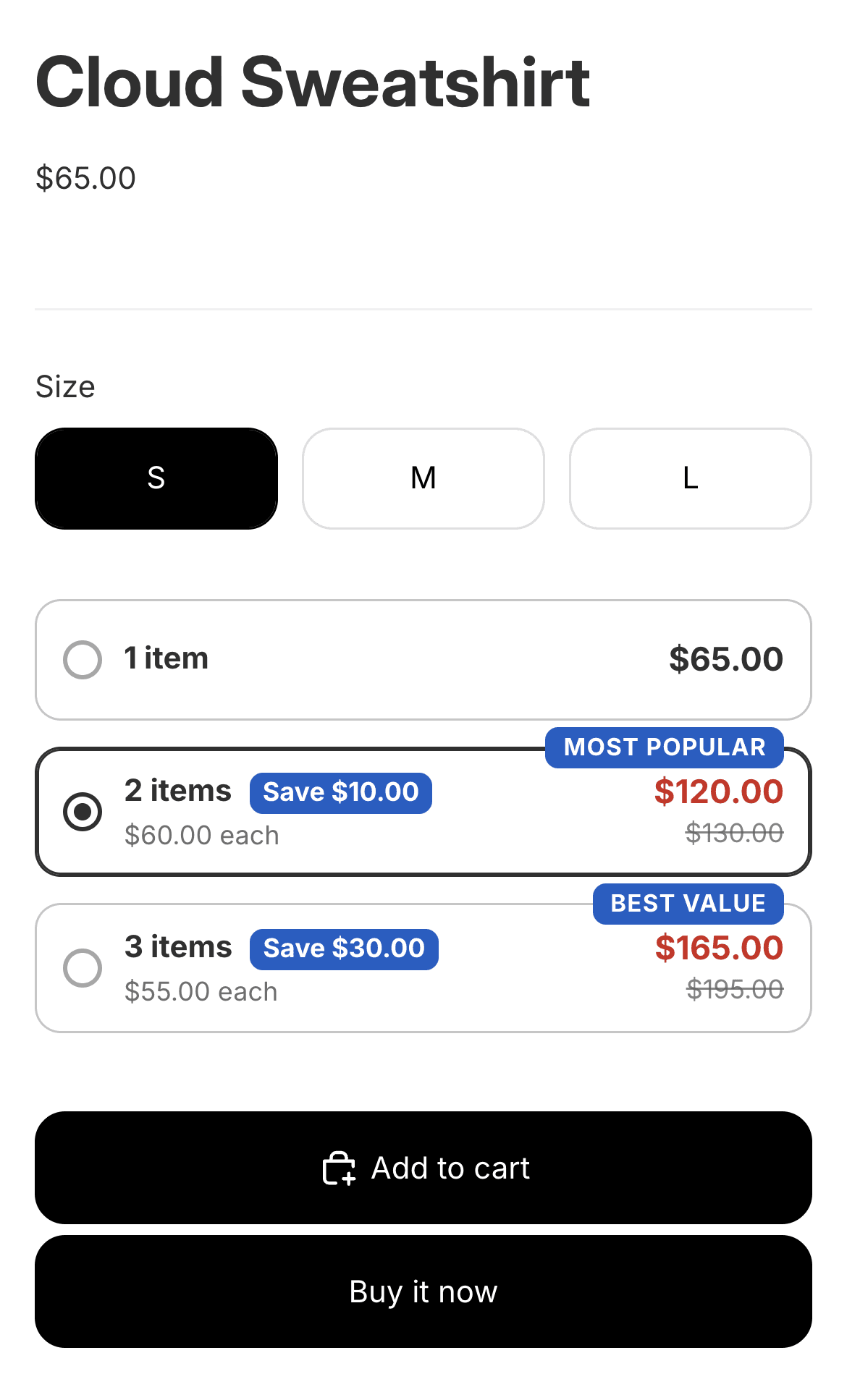 The same product page on a phone in USD, with the lot cards 1 item, 2 items and 3 items under the size picker and above the Add to cart button