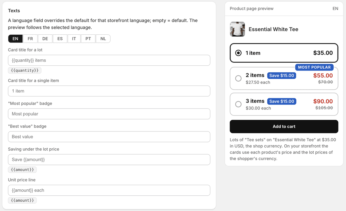 The Texts section of the Lot selector tab with language buttons EN FR DE ES IT PT NL, the six text fields with their default values as placeholders, and the product page preview on the right