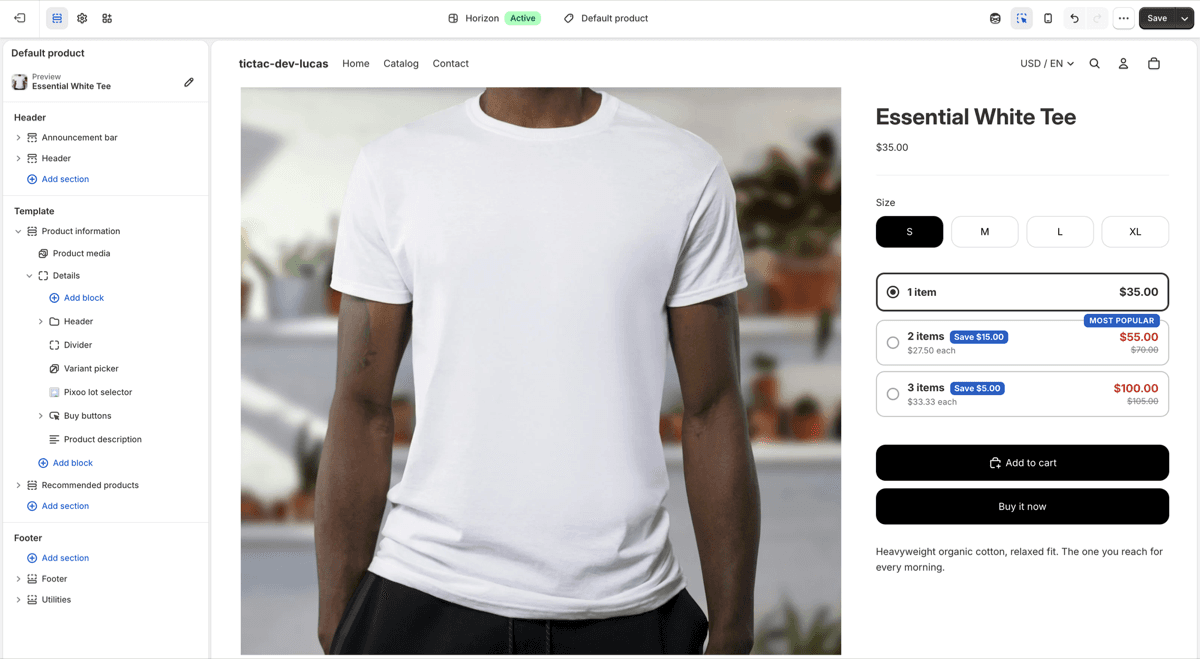The Shopify theme editor on Horizon with the Pixoo lot selector block inside the Details group, between Variant picker and Buy buttons, and the lot cards rendered on the product page preview