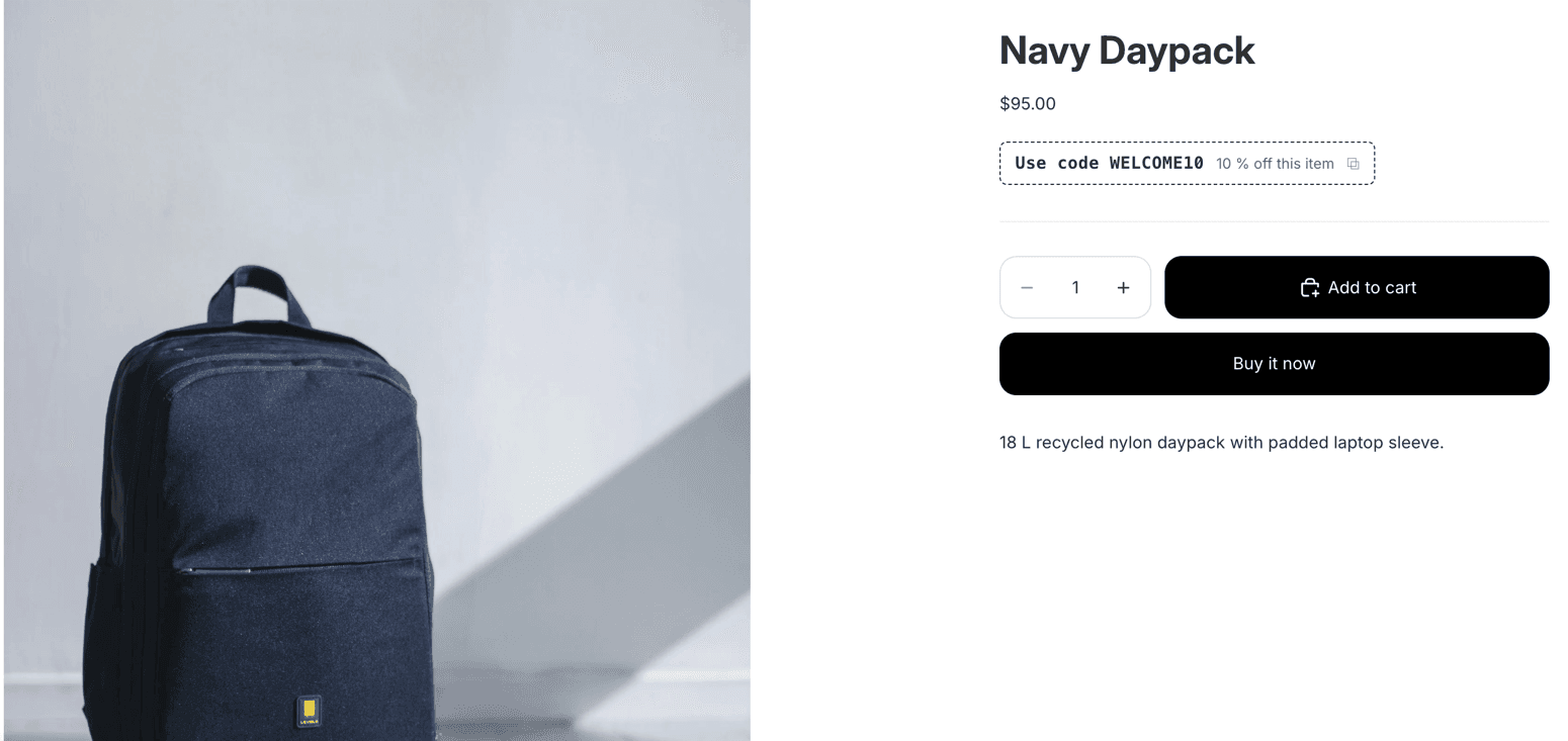 A product page showing a code badge under the price, reading Use code and the value of the code on this item