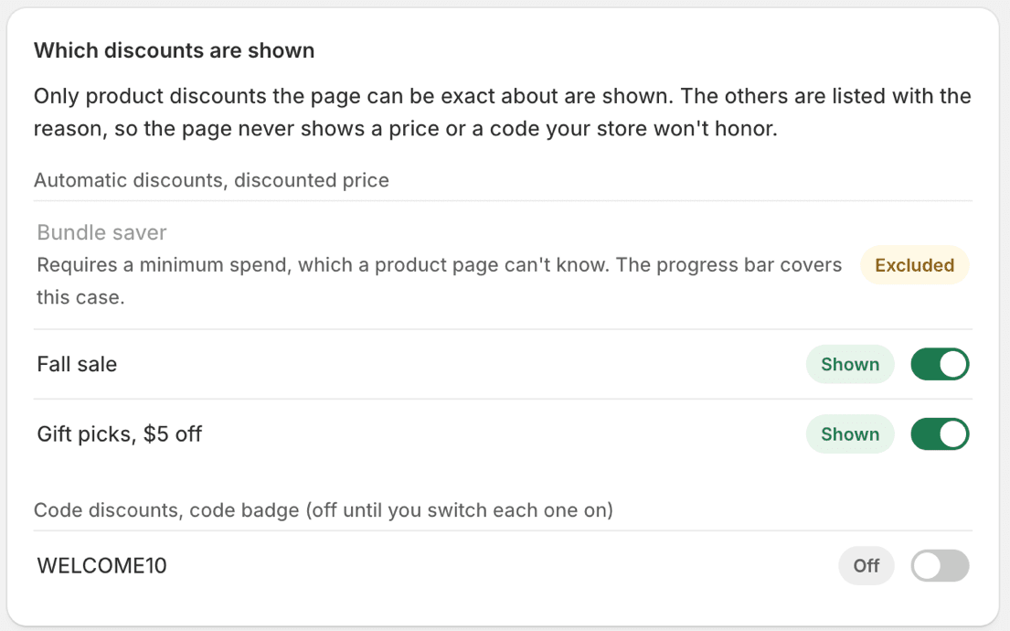 The Which discounts are shown section listing automatic discounts marked Shown, Off, or Excluded with a reason, and code discounts below