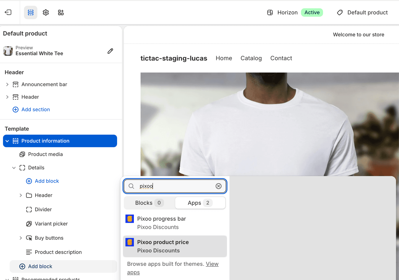 The Shopify theme editor with the Details group open, showing Add block, Apps, and the Pixoo product price block under the price