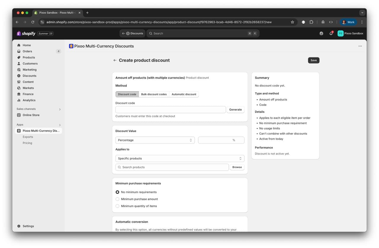Demo showing currency-specific discount targeting interface