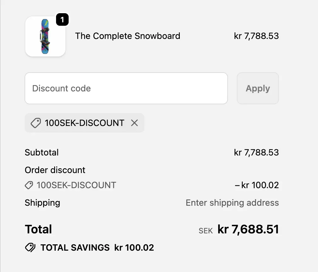 Shopify checkout showing a 100.01 AUD discount