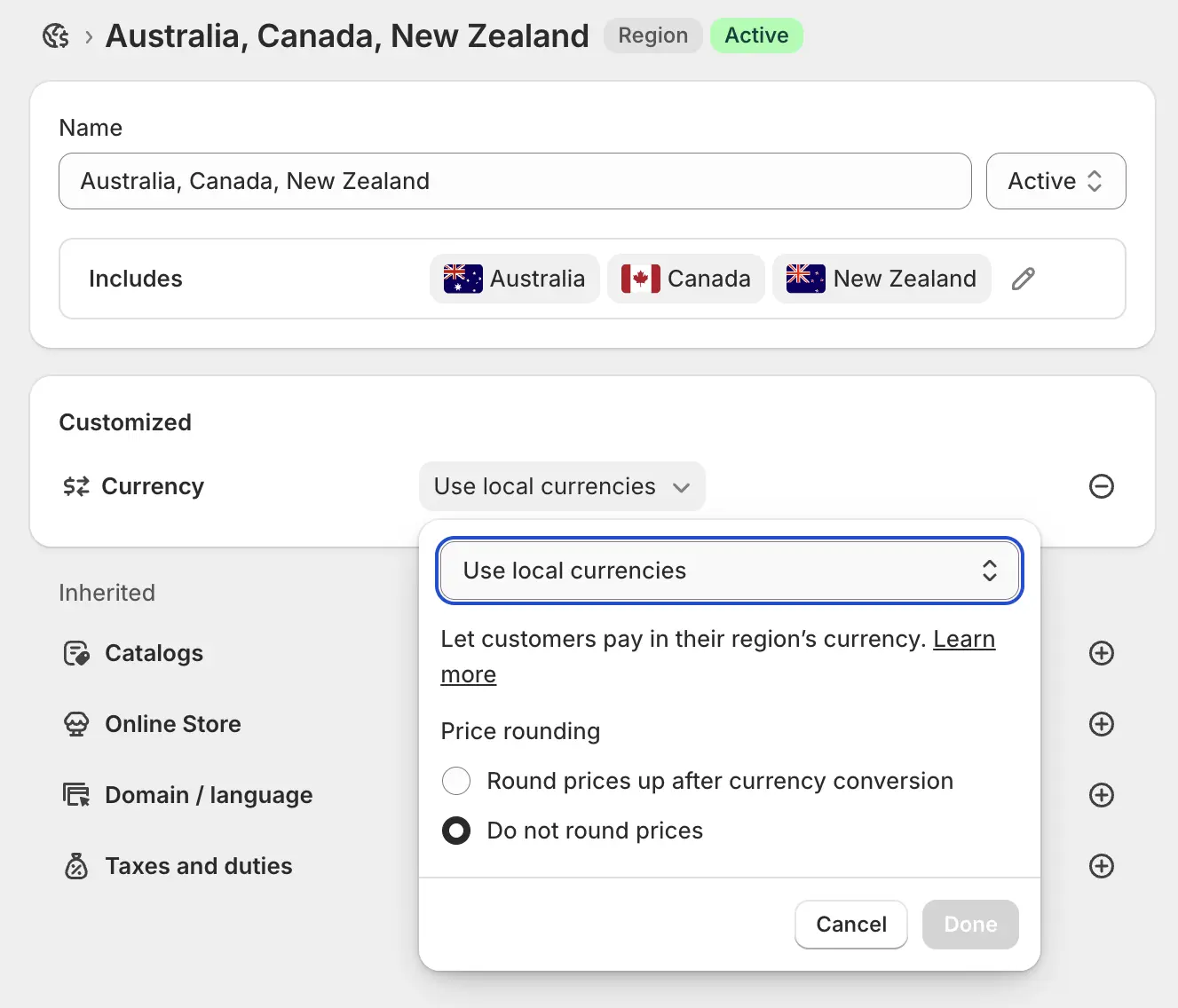 Shopify market settings showing the currency rounding option set to Do not round prices