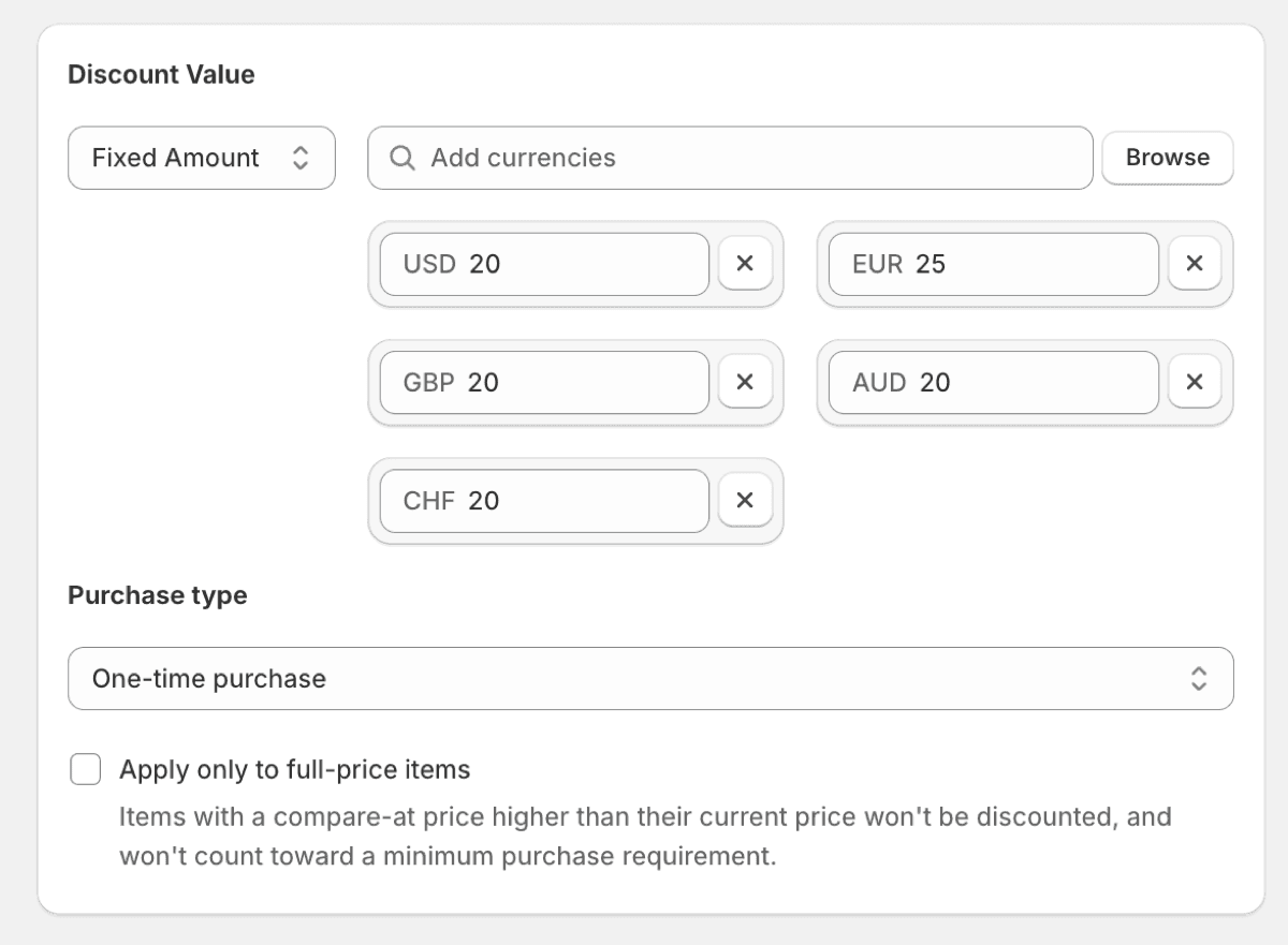 The Pixoo discount form with a separate fixed amount entered for EUR, USD, GBP, CAD and AUD