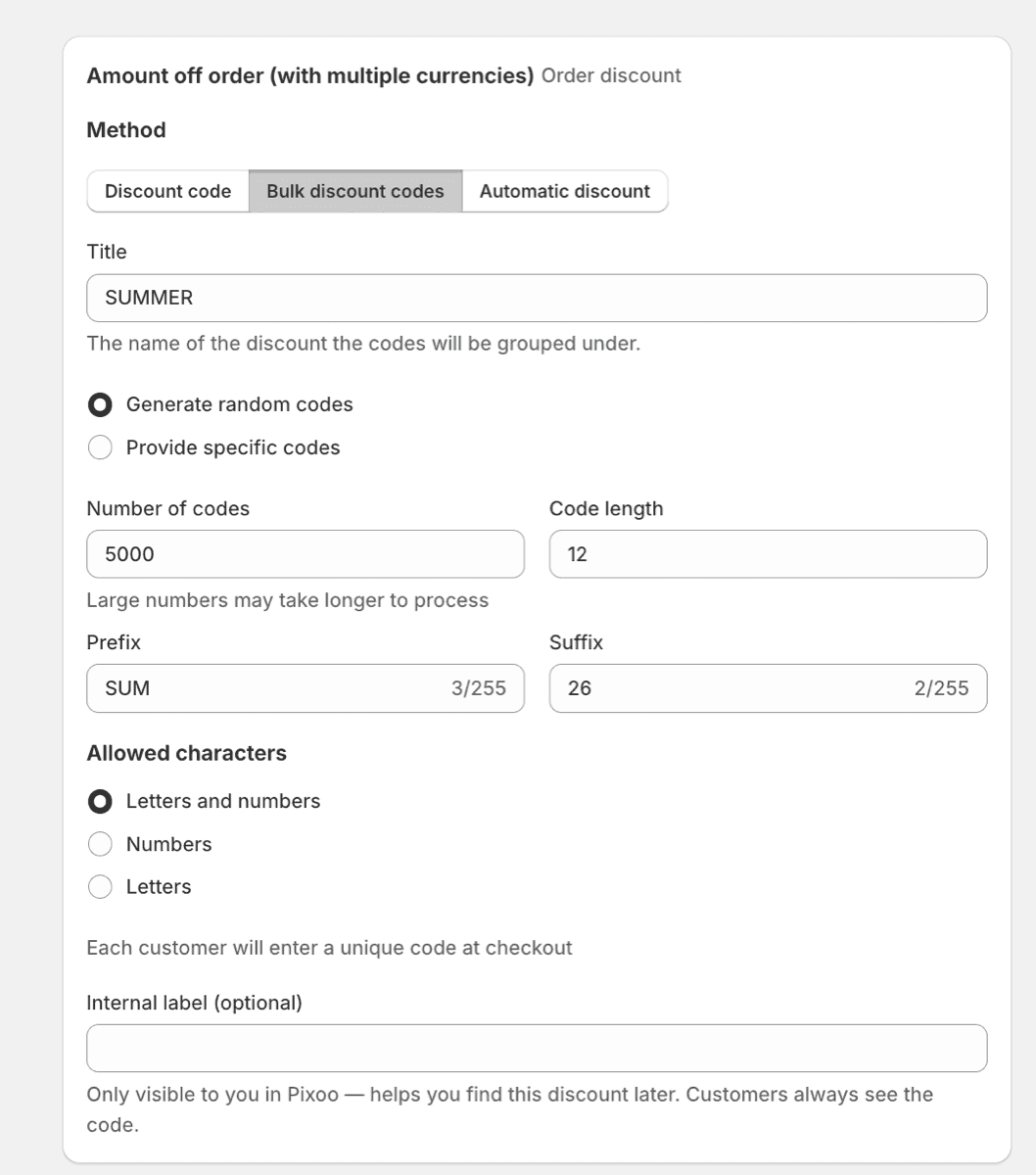 Pixoo generating a batch of unique discount codes, with the number of codes to create