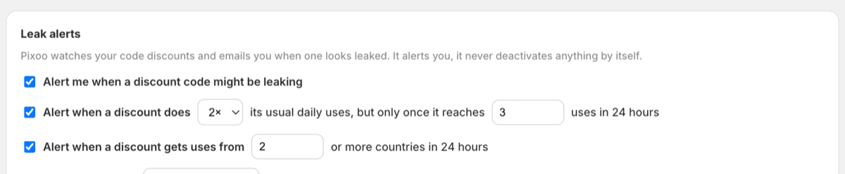 The leak alerts settings, with a multiplier of the discount's usual daily uses, a minimum number of uses before the rule can fire, and a country threshold