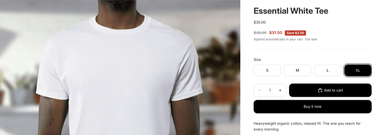 A Shopify product page on the Horizon theme with the theme price, then Pixoo's line: the full price struck through, the discounted price, a Save badge, and the name of the automatic discount