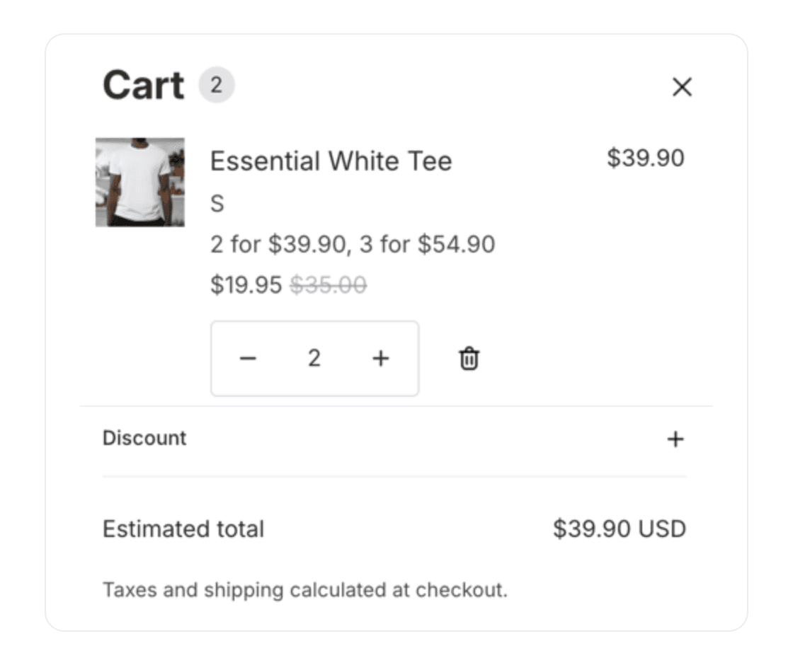 The Pixoo cart drawer on a Shopify store: two Essential White Tees for $39.90, each unit showing $19.95 with the $35.00 price struck through