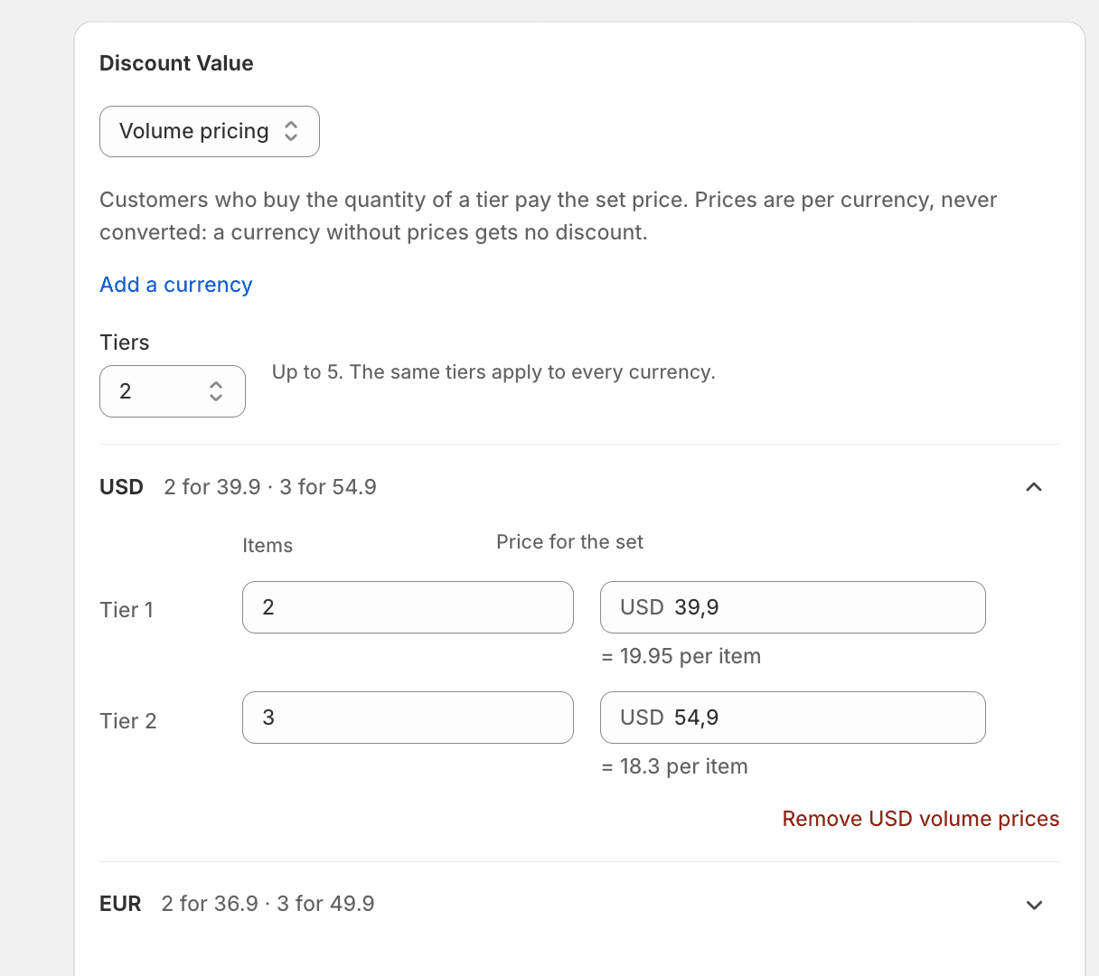 The Pixoo discount form in Volume pricing mode: two tiers in USD, 2 for 39.90 and 3 for 54.90, with the price per item under each, and a collapsed EUR row reading 2 for 36.9 and 3 for 49.9