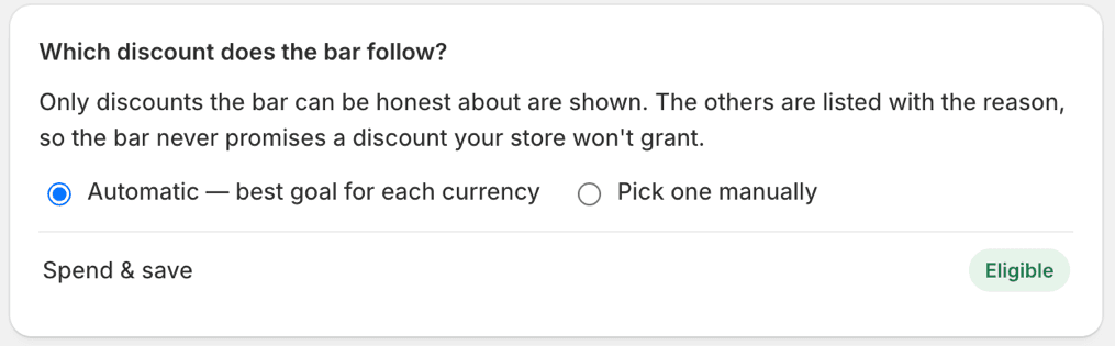 The discount selection in the Progress bar tab, with Automatic and Pick one manually, and a discount listed as Eligible