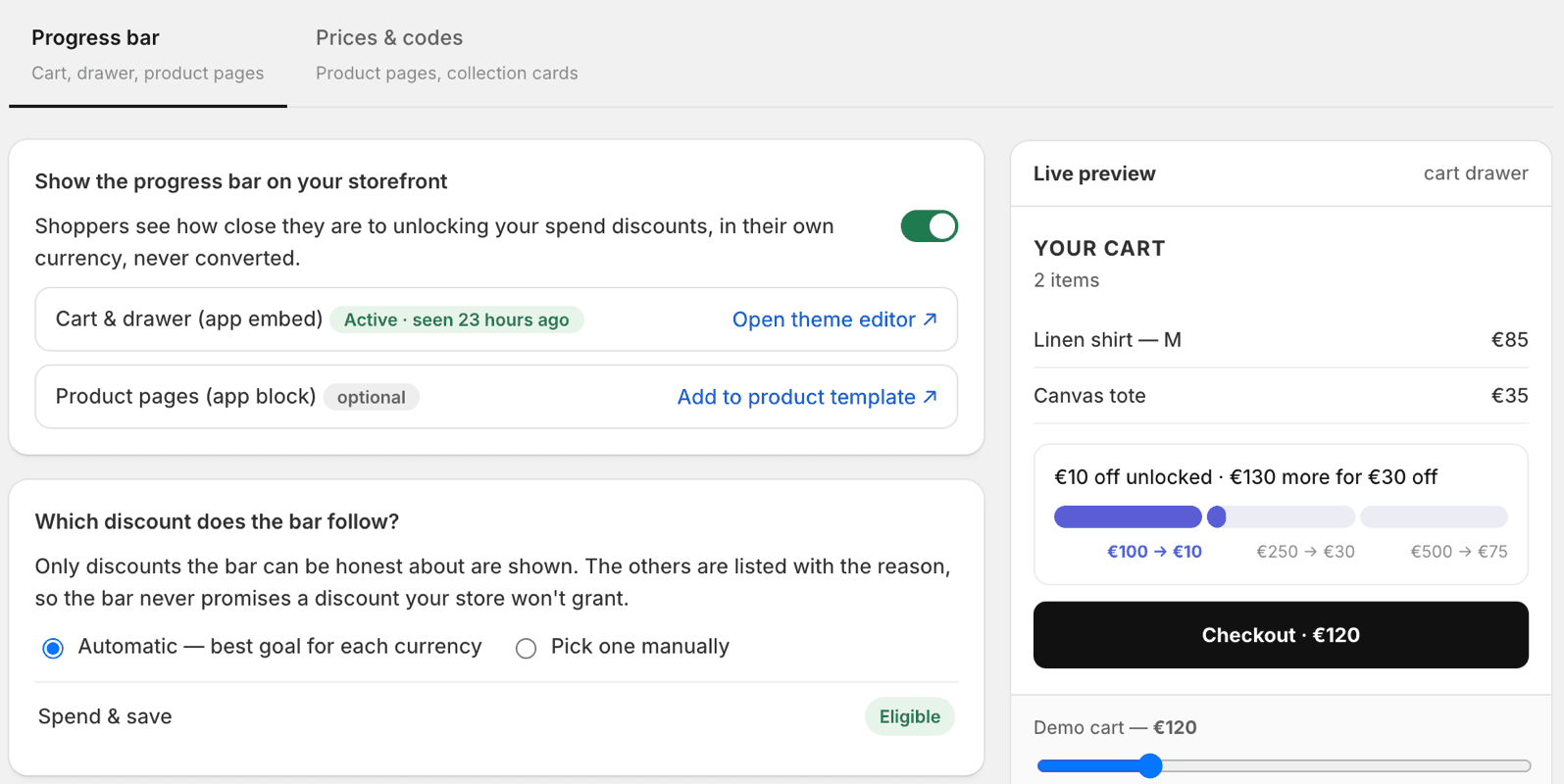 The Progress bar tab in Pixoo with the Enable progress bar switch, the app embed status, the discount selection and the live preview